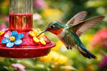 Obraz premium A vibrant hummingbird enjoying food at a colorful feeder