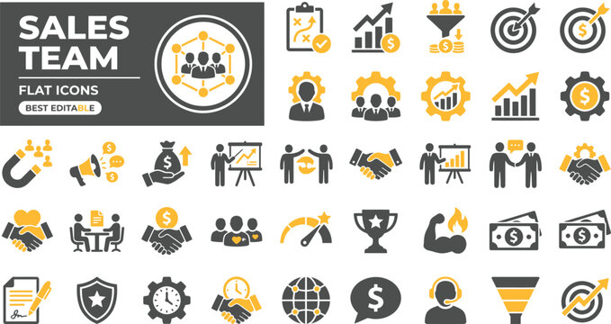 sales team solid icon set. revenue, conversion, customer, strategy, management, growth, professional. editable vector illustration collection set.