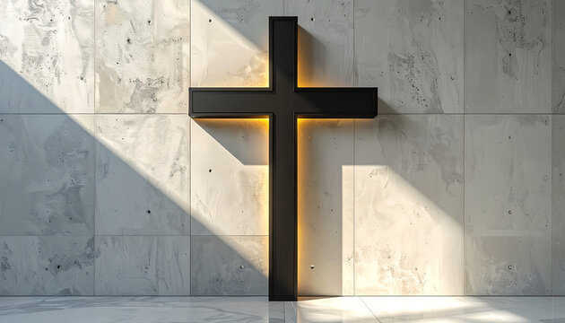 Minimalist black Christian cross with warm backlighting on a textured grey concrete wall interior