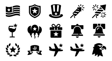 Fototapeta premium Minimal Patriotic Icon Set in Black Silhouette – 4th of July USA Vector Collection