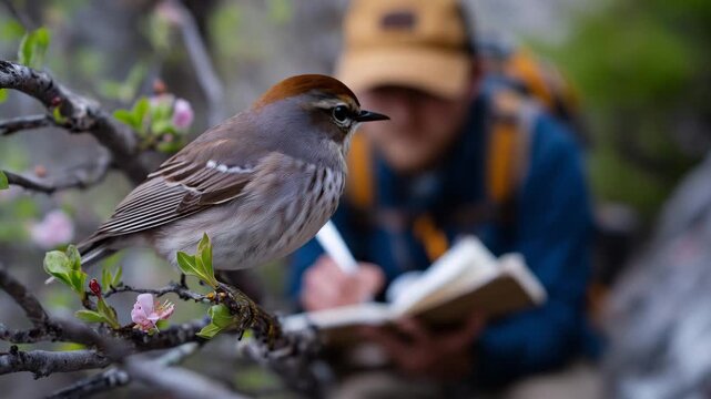 Mid-shot of birder leaning forward to note observations, notebook open on lap, warbler hopping from branch to branch, spring foliage beginning to bloom, quiet focus on scientific d
