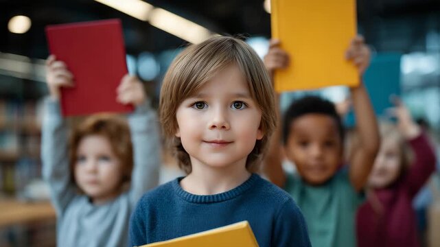 Mid-shot of children exchanging books in the library, holding them up excitedly, diverse group, colorful interior with playful reading corners, highlighting community and book cult