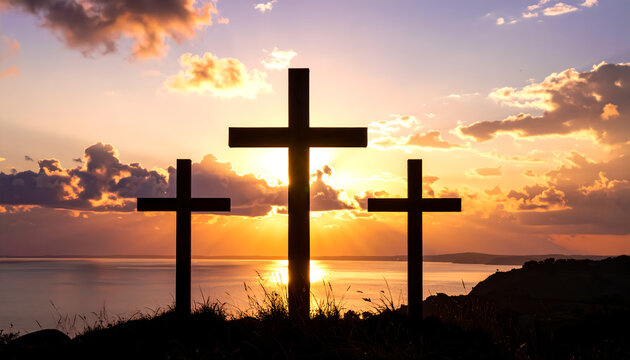 Silhouette of three wooden crosses on a hill overlooking the sea during a golden sunset