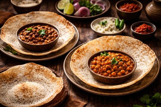 Flavorful Indian and Sri Lankan meal featuring appam rice pancakes with kadala curry and a spicy chickpea masala