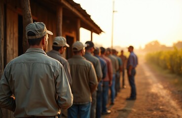 Fototapeta premium Farmworkers queue near shed for pay at sunset. Men wait for supervisor on rural dirt road. Golden hour light illuminates vineyard and building.