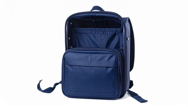Dark Blue Rectangular Backpack with Minimalist Design, Multiple Compartments, and Durable Fabric on Light Background