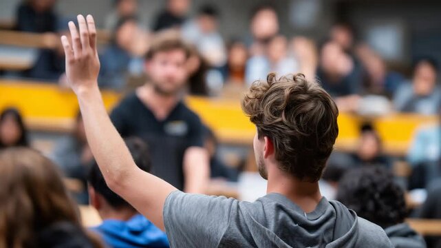 Mid-shot of students raising hands to ask questions during a database lecture, professor responding at the front, lecture hall filled with natural light and vibrant classroom color