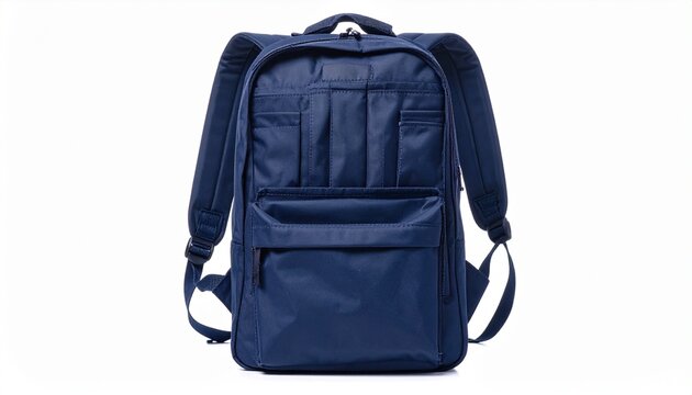 Dark Blue Rectangular Backpack with Minimalist Design, Multiple Compartments, and Durable Fabric on Light Background