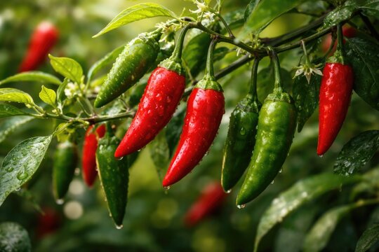 Macro shot of chili tree branches showcasing fresh peppers