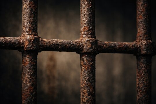 Macro shot showing aged rusty prison bars with grainy surfaces and diffuse background copy space