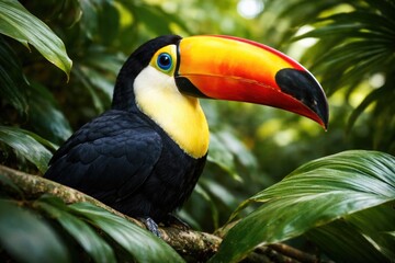 Obraz premium Exotic toucan with strikingly colored bill resting amid green leaves