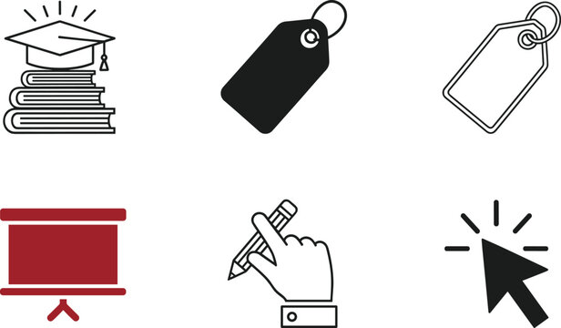 Education and UI icons set with graduation cap, tags, presentation screen and cursor click in minimal style