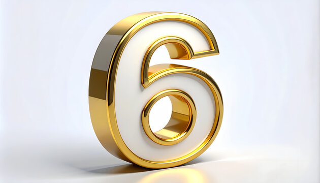 Elegant 3D number six with gold metallic outline and white core on minimalist studio background