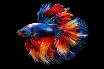 Fototapeta premium Vibrant betta fish displaying fins on pure black backdrop