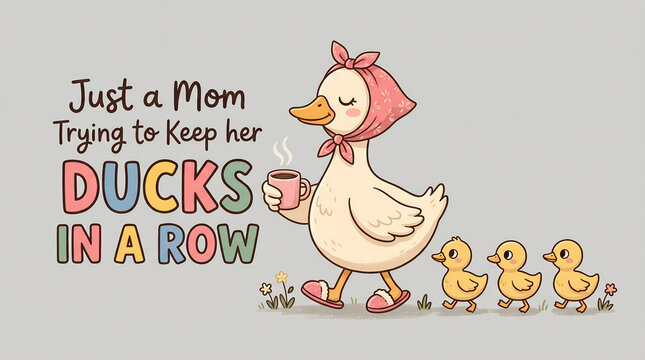 funny mom and ducks cartoon, colorful illustration, mothers day design, humorous animal family scene