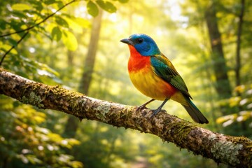 Obraz premium Colorful bird enjoying summer day on full length view of forest branch