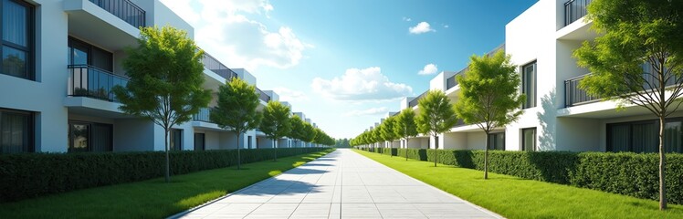 Fototapeta premium Modern white apartment buildings with green trees line a paved walkway. The sunny day creates bright shadows on the neat grass, suggesting a tranquil suburban neighborhood.