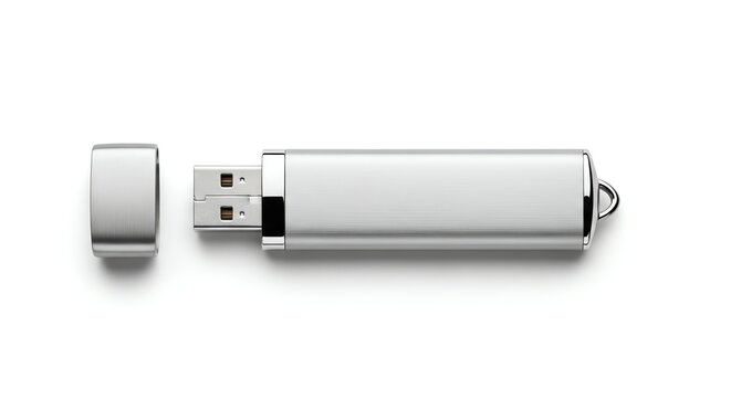 Close-up of a USB flash drive with a removable cap on a white background.