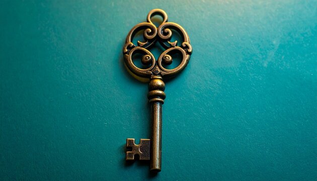 Ornate Antique Key with Decorative Scrollwork Bow and Intricate Bit Pattern on Turquoise Background