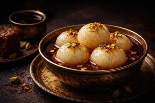 Indian sweet Rasgulla in bowl with nolen gur syrup on dark backdrop featuring copy space