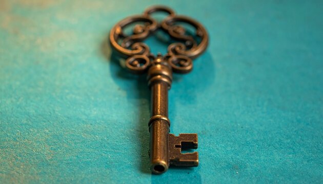 Ornate Antique Key with Decorative Scrollwork Bow and Intricate Bit Pattern on Turquoise Background