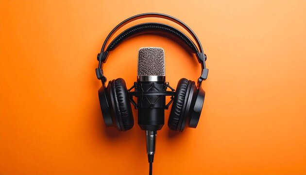 Studio Condenser Microphone with Over-Ear Headphones on Bright Orange Background Symbolizing Audio Recording and Podcasting