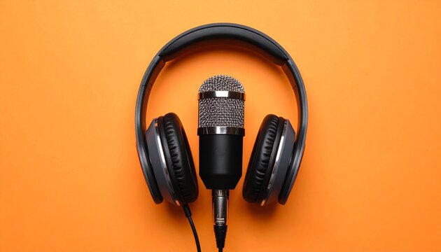Studio Condenser Microphone with Over-Ear Headphones on Bright Orange Background Symbolizing Audio Recording and Podcasting