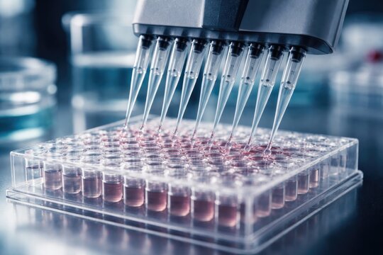 Laboratory multichannel pipette dispensing samples into multiwell plate for DNA amplification with shallow focus