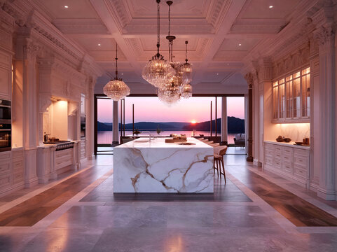 A grand neoclassical kitchen features a massive marble island, crystal chandelier, and sunset lake views through large windows, bathed in soft pink light.