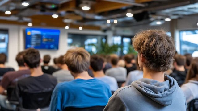 Perspective from the back of the hall showing students attentively watching a presentation on database systems, interactive whiteboard displaying diagrams, bright lights and modern