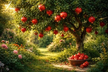 Naklejka premium Fruit laden pomegranate tree in lush garden