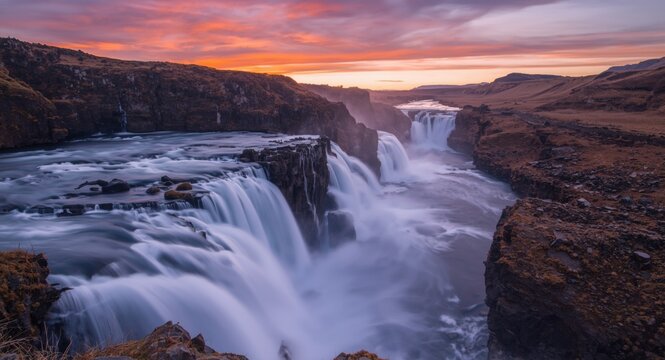 The alluring dawn of a vibrant waterfall streaming along a mountain