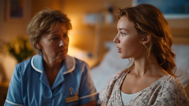 Perspective view of nurse and patient seated side by side, nurse maintaining relaxed attentive posture, patient looking contemplative, quiet and uncluttered psychiatric ward with w