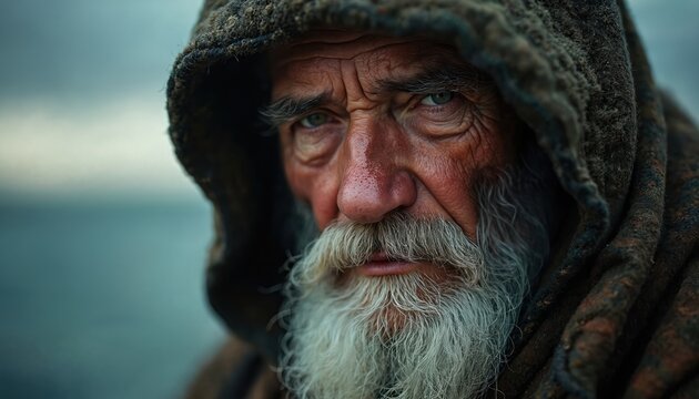 Old man with long beard wears hood. Serious weathered face looks forward. Background shows blurred sea or sky. He seems wise and thoughtful.