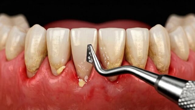 Dental professional removing calculus from teeth with a metal scaler, suitable for dental hygiene, oral care education, clinic marketing, and medical.