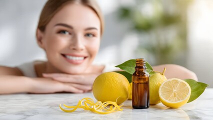 Obraz premium A premium bottle of natural lemon essential oil featuring organic ingredients and fresh citrus, perfect for promoting eco-friendly skincare for a radiant and healthy complexion.