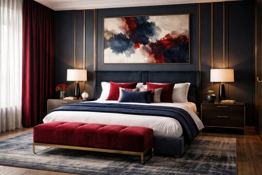 Contemporary bedroom decor showcasing navy blue and crimson red accents
