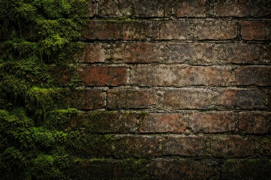 Close up of aged brick wall featuring dense green fungus and blank copy space