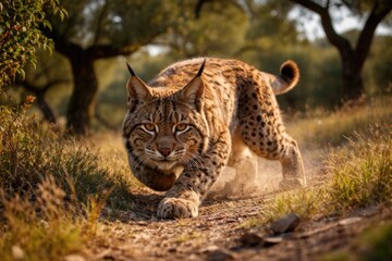 Fototapeta premium Iberian Lynx Hunting in Sunny Open Woodland Environment