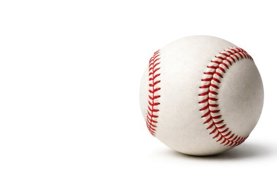 High resolution close up of a baseball on a plain white background with room for text insertion