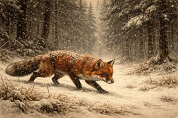 Fototapeta premium Vintage style illustration of a red fox stalking prey in a snowy forest clearing during a winter storm