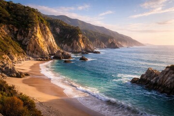 Obraz premium Serene oceanfront panorama capturing a peaceful beach and impressive cliff structures