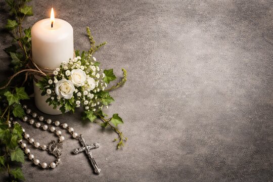 Religious communion frame including a white candle wrapped in green vine adorned with floral posy and Catholic rosary on grey textured metal with copy space