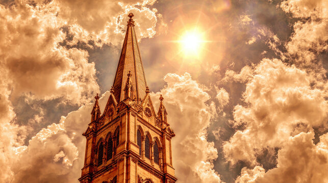A gothic church steeple against a dramatic sky.