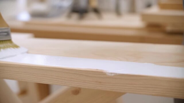 Painter Refinishing Wood. Detailed Image Showing Brush Applying Bright White On Rustic Pine In Workshop