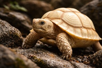 Obraz premium Close up of an ivory shelled tortoise exploring a rocky habitat