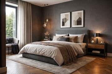 Fototapeta premium Stylish modern bedroom corner with gray walls and wooden flooring featuring a double bed