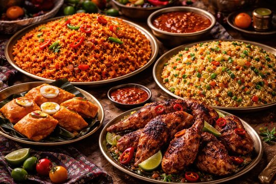 Traditional Nigerian jollof rice complemented by spicy fried rice, steamed moi moi, and grilled chicken for celebration