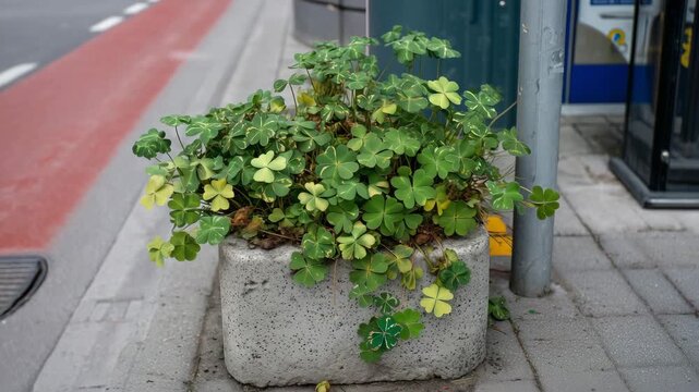 Shamrock plants wilting in concrete urban planter beside discarded St Patrick's Day decorations revealing post-celebration waste, perfect for environmental impact holiday consumpti