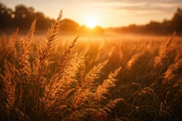Naklejka premium Golden grass close up in a tranquil autumn sunrise outdoor panorama
